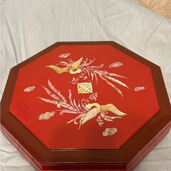 Red Octagonal Decorative Box with Bird Design